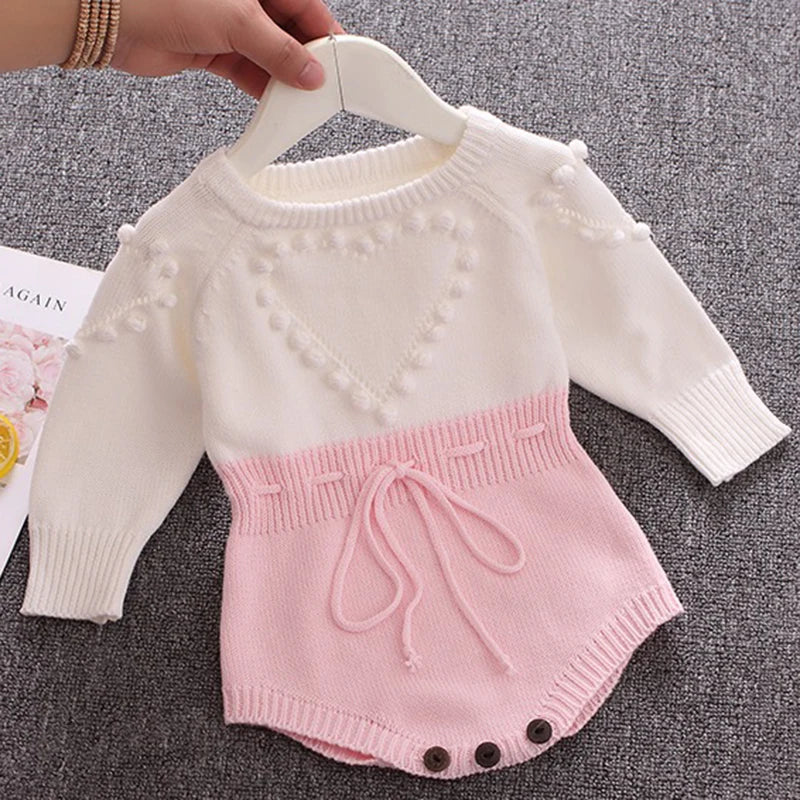 Spring Lovely Heart Jumpsuit Infant Baby Girl Knitted Clothes Love Romper Bodysuit Outfit Autumn Cotton Knitted Sweater Bodysuit