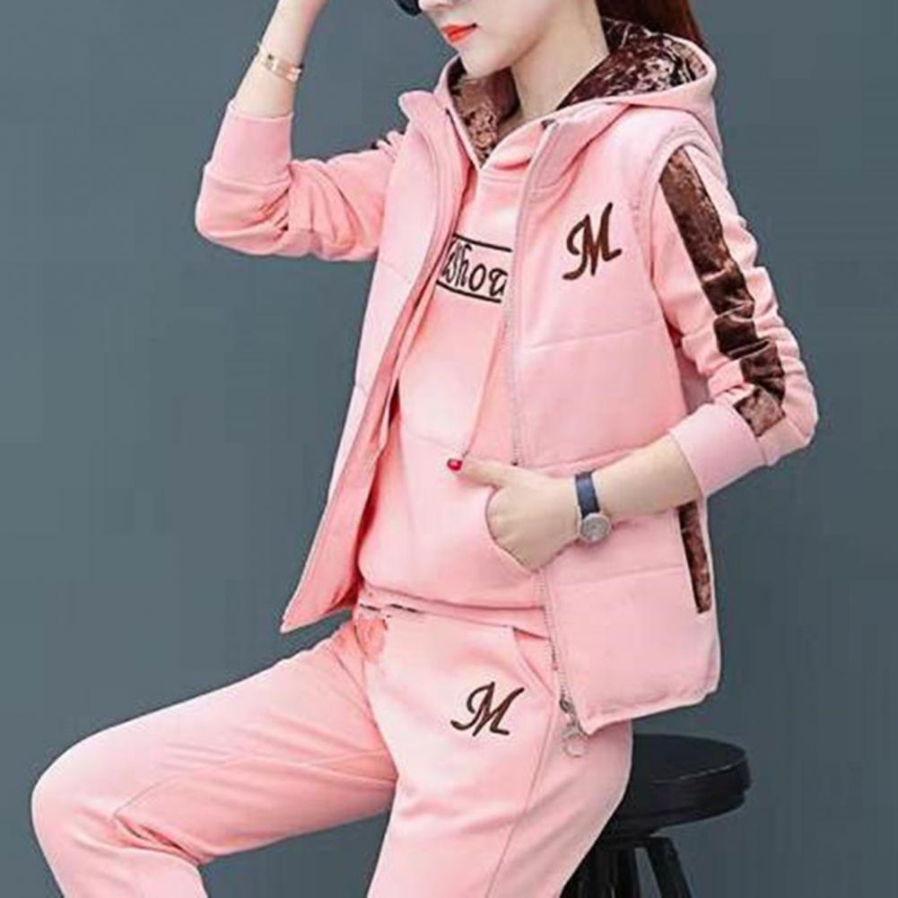 Fashion Warm Three Piece Set Women Outfit 2022 Fall Winter Thicken Tracksuit Casual Waistcoat + Hoodies + Pant Female Sweat Suit