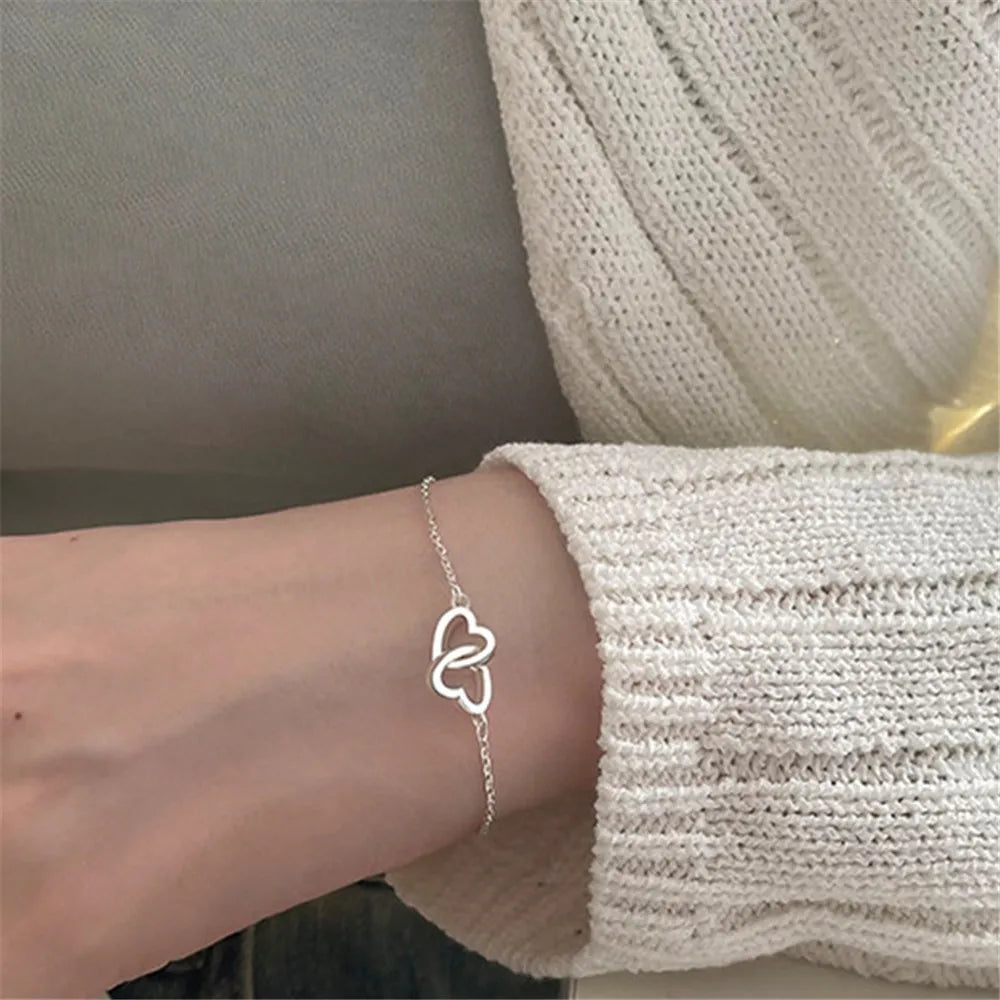 New Silver Color Double Interlocking Small Hearts Bracelet Bangle For Women Fine Fashion Jewelry Wedding Party Gift