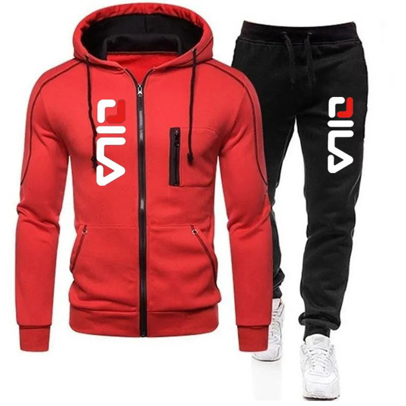 New Solid Men's Zipper jacket Hooded Pullover + Sweatpants Sports Casual Jogger Sportswear 2 Piece Male Fleece Streetwear Sets