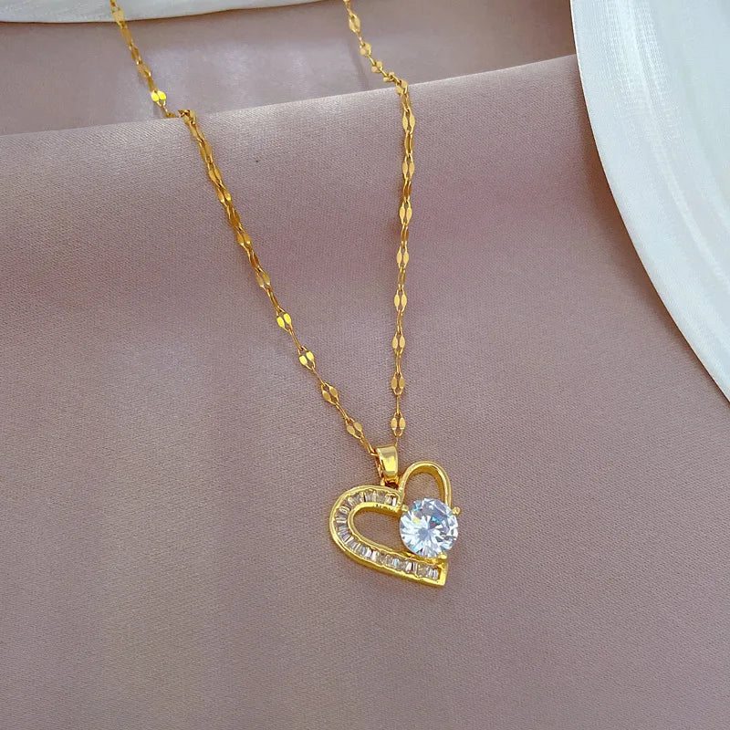 DIEYURO 316L Stainless Steel Asymmetrical Heart Zircon Pendant Necklace For Women New Luxury Girls Clavicle Chain Jewelry Gifts