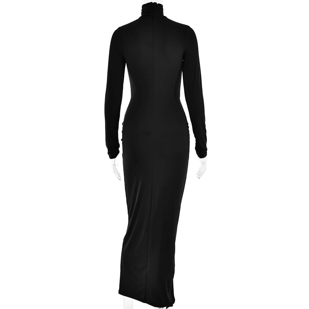 Articat High Neck Long Sleeve Bodycon Dress For Women Tight Elastic Lace Up Maxi Long Dress Autumn 2023 New Party Club Vestidos