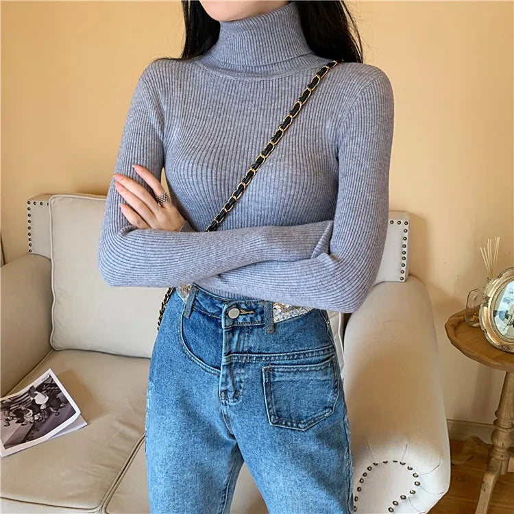 2024 Autumn Winter Women Long Sleeve Knitted Foldover Turtleneck Ribbed Pull Sweater Soft Warm Femme Jumper Pullover Clothes