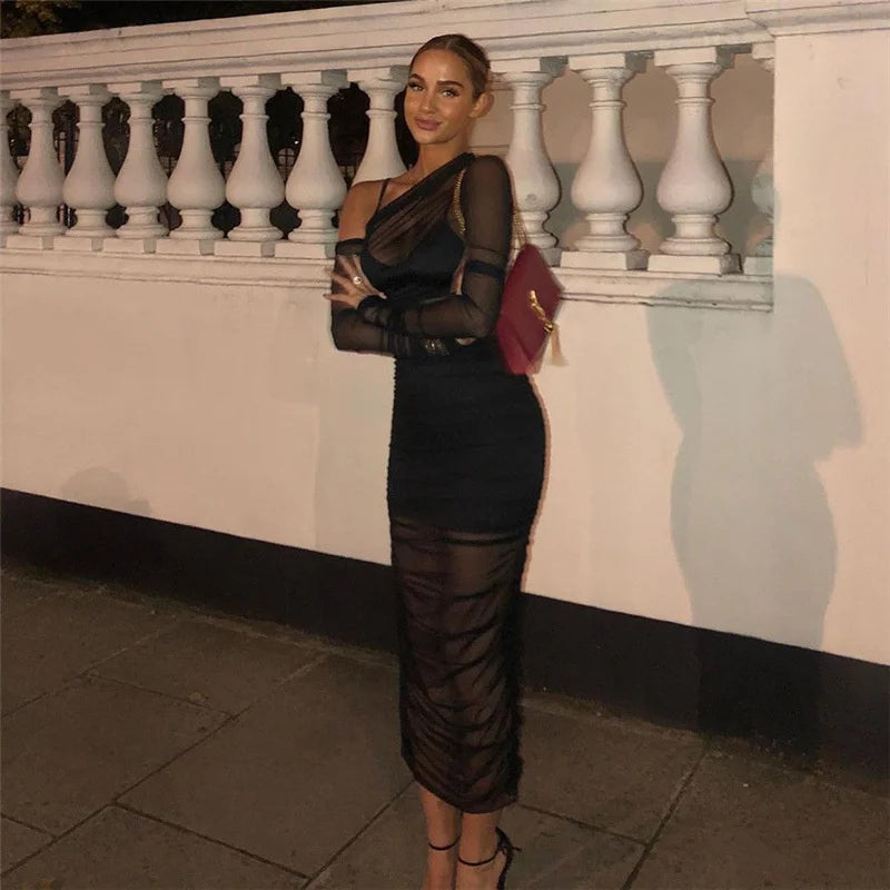 Articat Mesh See Through Women Dress Sexy 3 Piece Set Elegant Fashion Female Clothing Casual Slim Camisole Black Bodycon Skirts