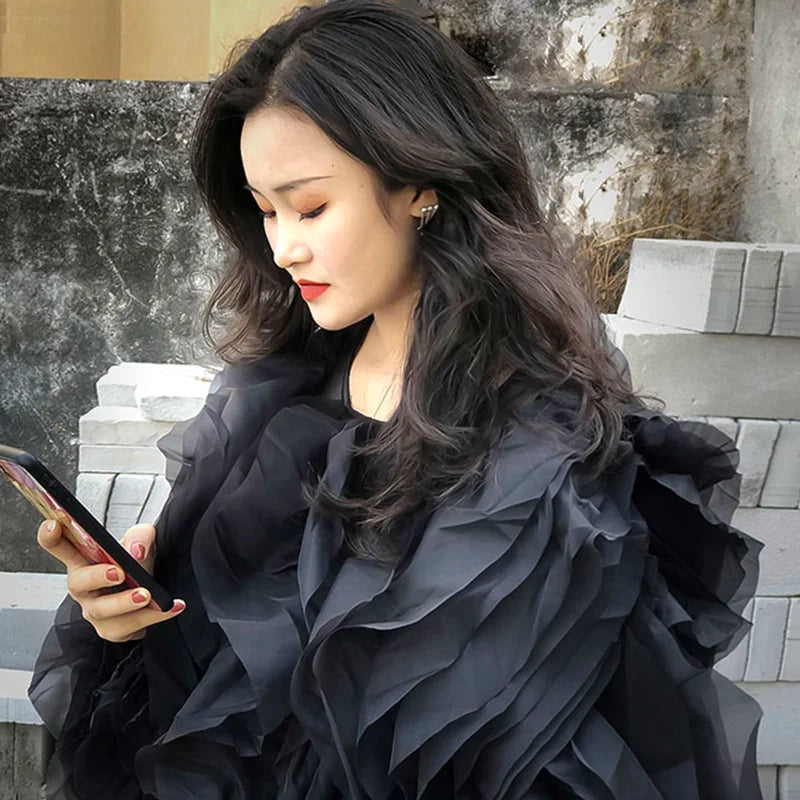 TWOTWINSTYLE Elegant Patchwork Ruffles Chiffon Blouses Women O Neck Lantern Long Sleeve Loose Shirt Female Clothing Fashion