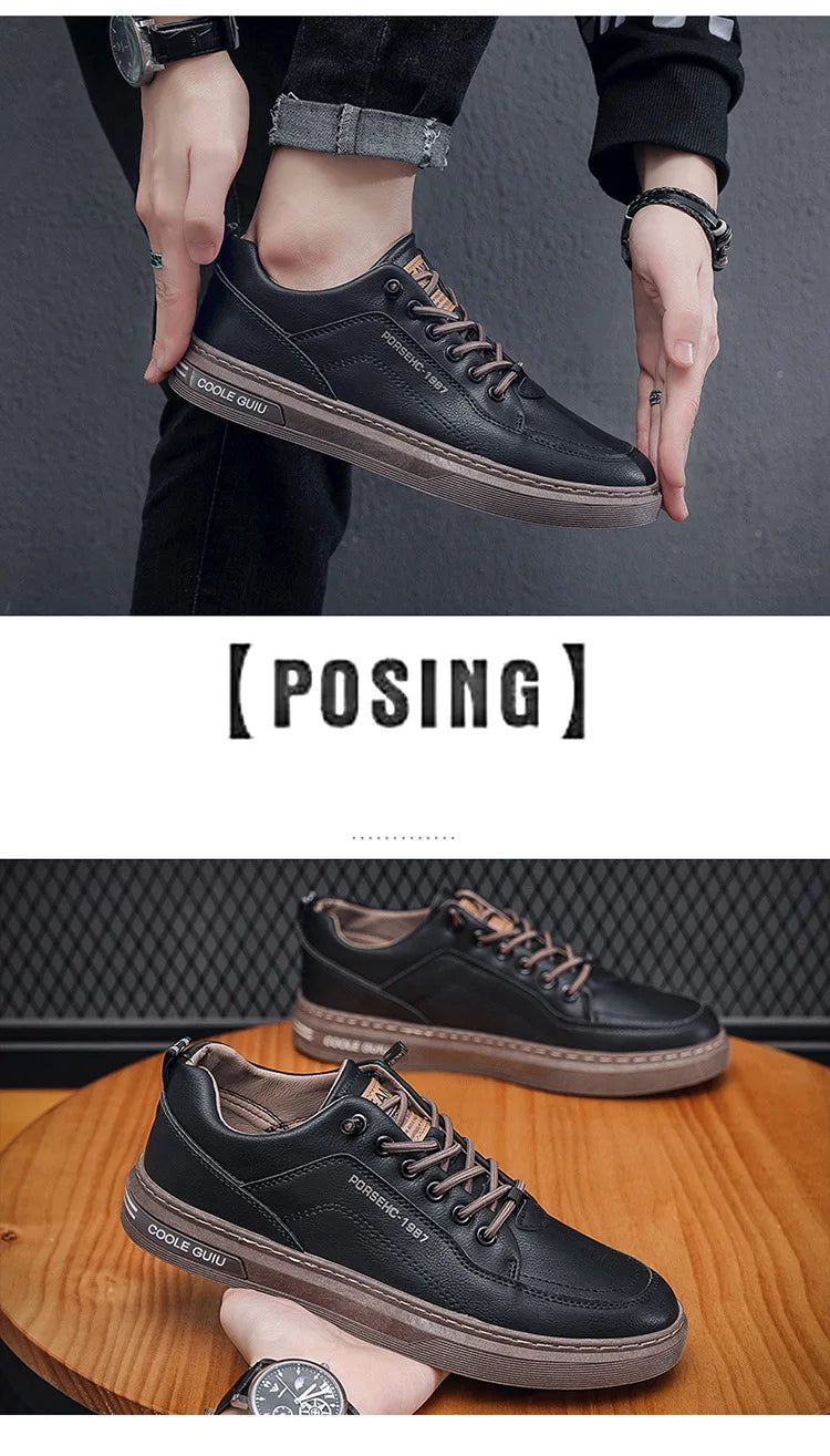 Mens Leather Shoes Fall Fashion Sneakers for Driving Walking Office, Comfortable Men Slip on Skate Flats Non Slip Youth Shoe