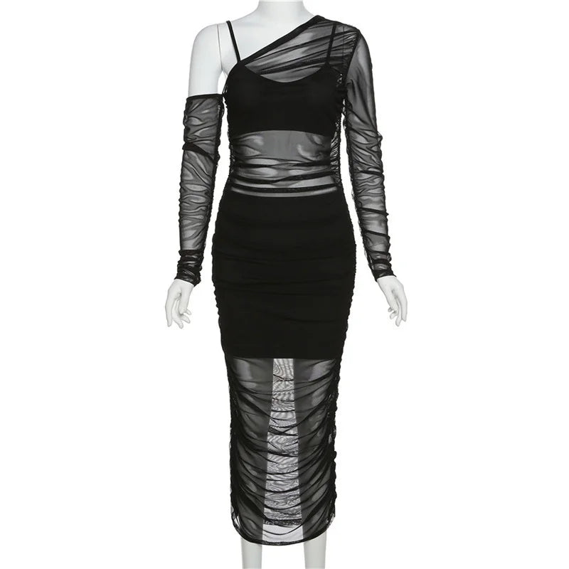 Articat Mesh See Through Women Dress Sexy 3 Piece Set Elegant Fashion Female Clothing Casual Slim Camisole Black Bodycon Skirts