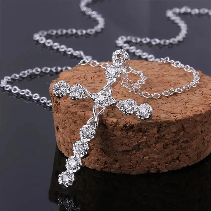 45cm 925 sterling silver Crystal Necklace wedding charms women lady noble Fashion Jewelry Classic Cross nice gift