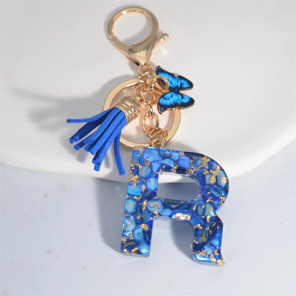 Fashion Blue Glazed Stone A To Z Letter Keychain 26 Initials Alphabet Butterfly Tassel Pendant Car Key Chain Women Jewelry GIfts