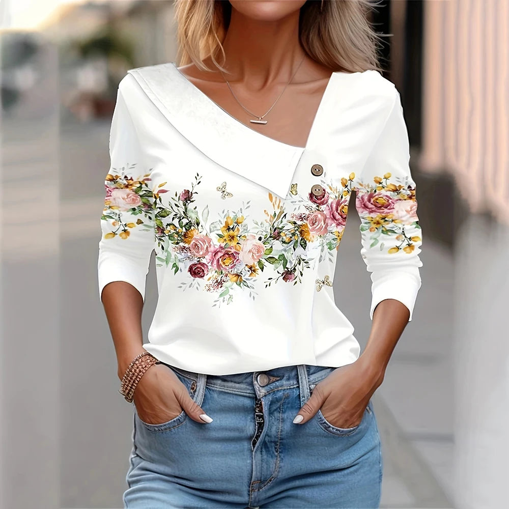 T Shirt For Women Fashion Long Sleeve Top White Floral Print Shirts And Blouses Autumn Winter Clothes For Women