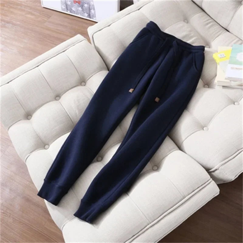 Winter Thicken Fleece Sweatshirts Hoodies Women Two-piece Suit Casual Sports Sets Female Short Coat Straight Pants 2-piece Sets