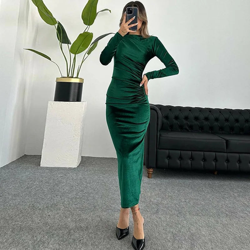 Dulzura 2024 Spring Summer Velvet Long Sleeve Midi Dress For Women Ruched Long Dress Elegant Party Clothes Evening Green Outfits