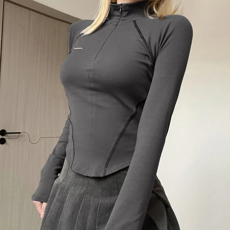 Casual Zip Up Turtleneck Crop Top Stitched Long Sleeve Skinny T-shirts y2k Aesthetic Streetwear Harajuku Women Clothing