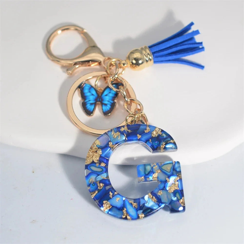 Fashion Blue Glazed Stone A To Z Letter Keychain 26 Initials Alphabet Butterfly Tassel Pendant Car Key Chain Women Jewelry GIfts