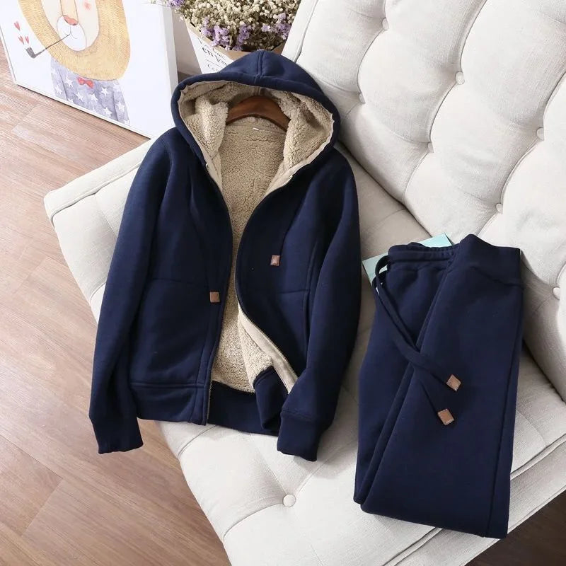 Winter Thicken Fleece Sweatshirts Hoodies Women Two-piece Suit Casual Sports Sets Female Short Coat Straight Pants 2-piece Sets