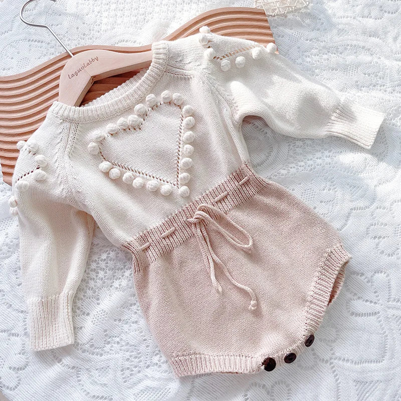 Spring Lovely Heart Jumpsuit Infant Baby Girl Knitted Clothes Love Romper Bodysuit Outfit Autumn Cotton Knitted Sweater Bodysuit