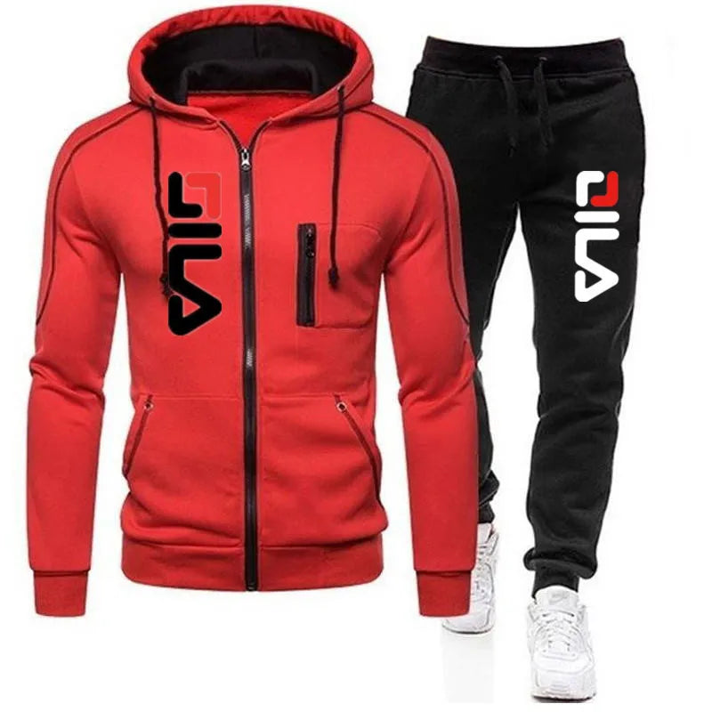 New Solid Men's Zipper jacket Hooded Pullover + Sweatpants Sports Casual Jogger Sportswear 2 Piece Male Fleece Streetwear Sets