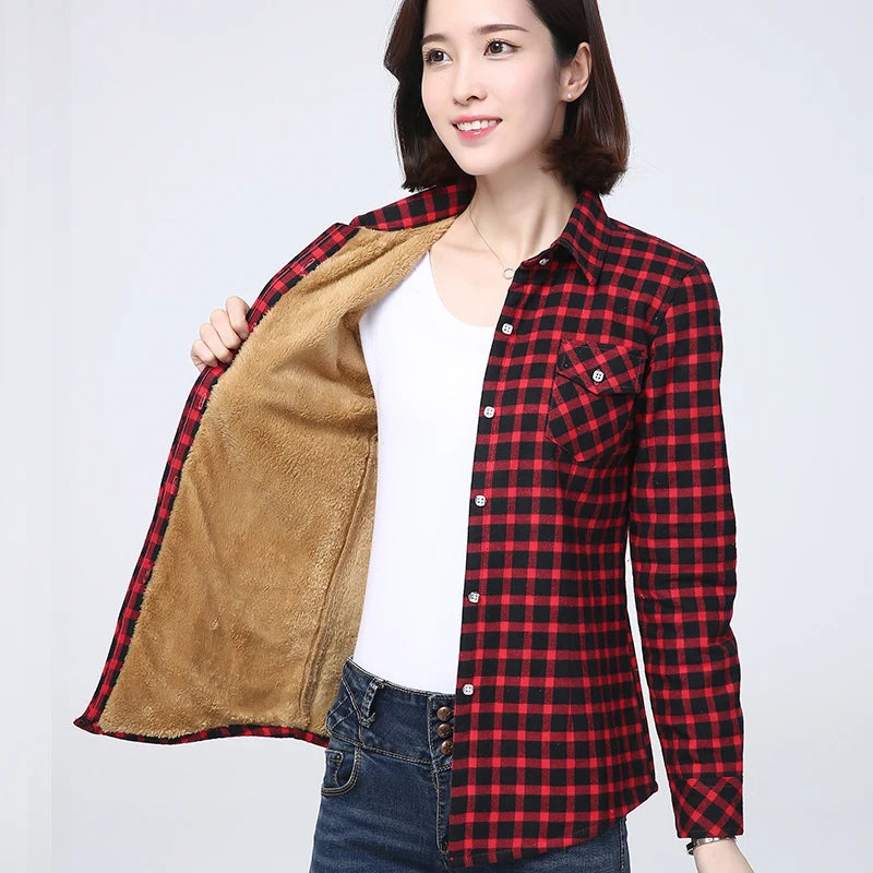 2023 Winter New Plus Thick Women's Warm Plaid Shirt Coat Lady Casual Fleece Velvet Jacket Tops Hot Women Clothes Outerwear