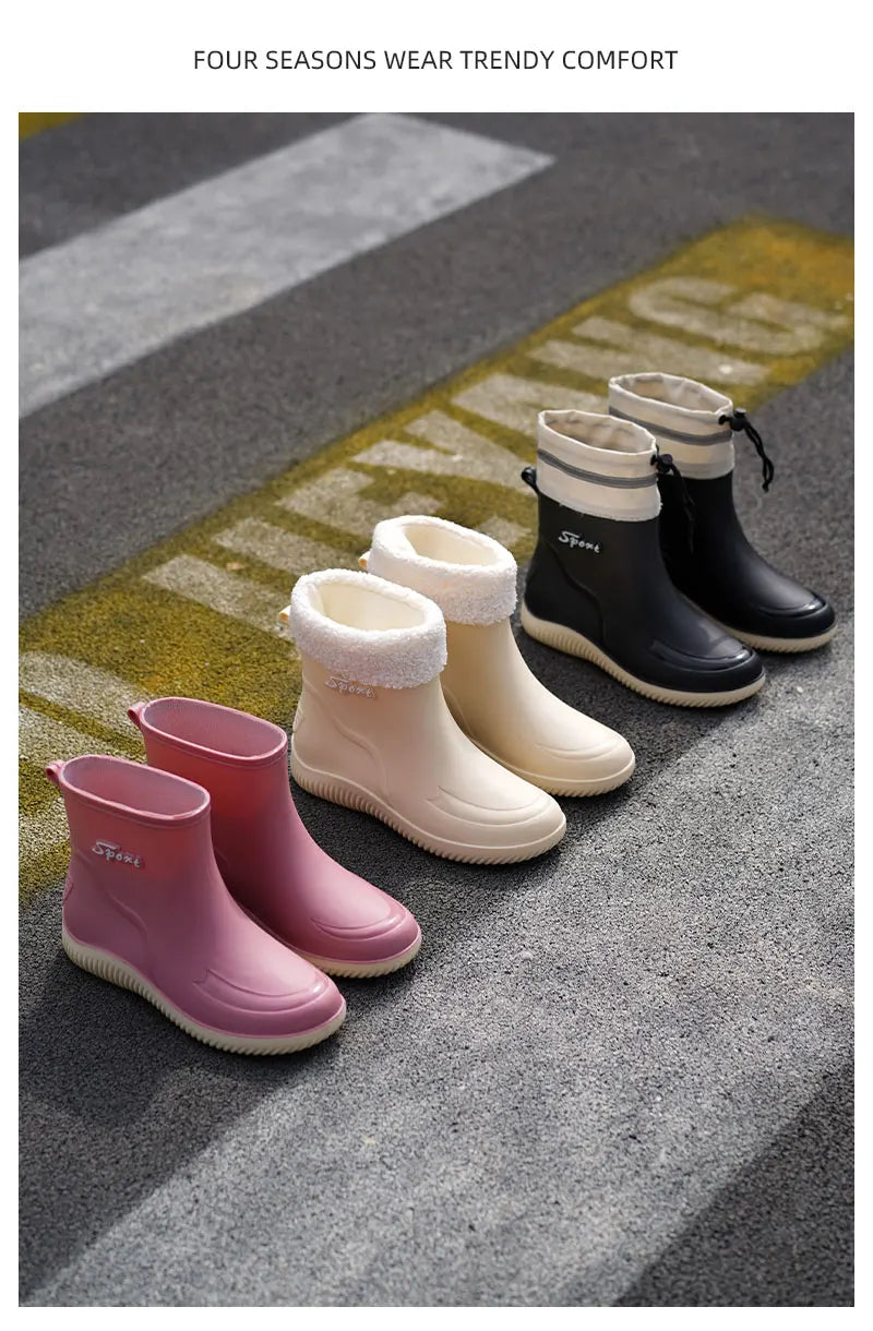 2024 New Women's Rain Shoes Winter Cotton and Velvet Medium Tube Rain Boots Work Non-slip Fashion Rubber Shoes Adult Water Shoes