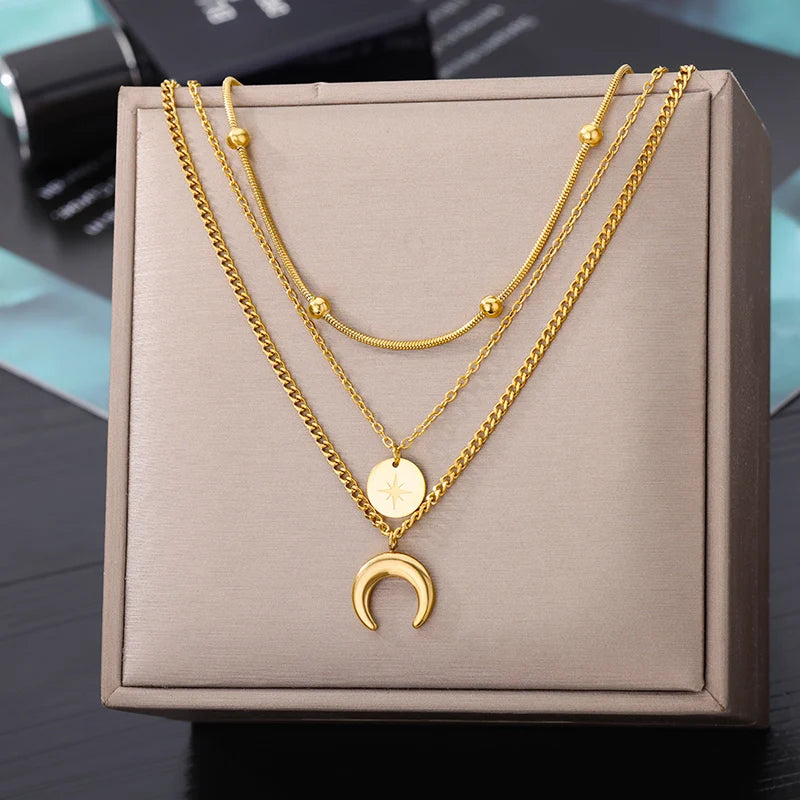 Multilayer Heart Necklaces For Women Stainless Steel Gold Color Evil Eye Pendant Chain Choker Necklace Wedding Jewerly Gift