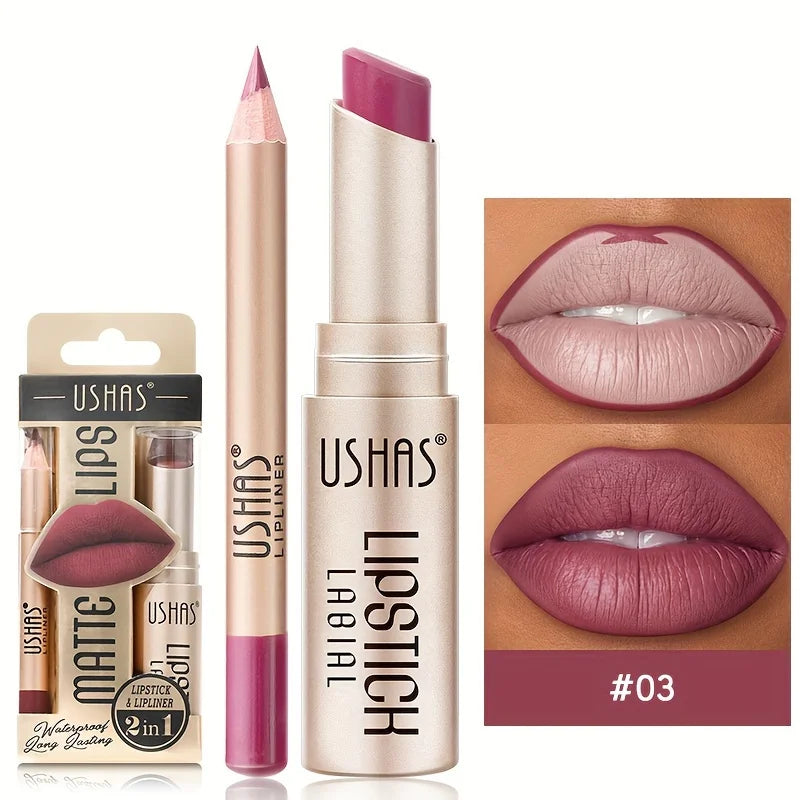 USHAS 12-Color Matte Lipstick & Liner Set - Long-Lasting, Waterproof, Non-Stick