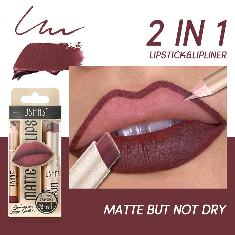 USHAS 12-Color Matte Lipstick & Liner Set - Long-Lasting, Waterproof, Non-Stick