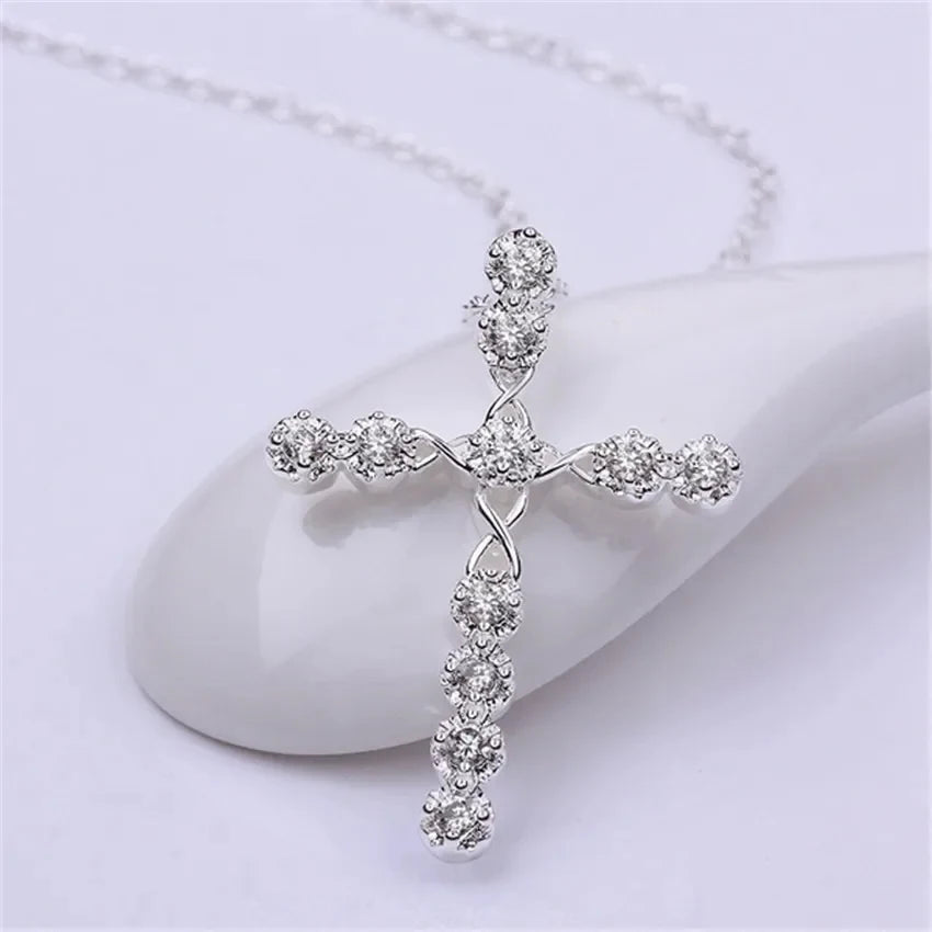 45cm 925 sterling silver Crystal Necklace wedding charms women lady noble Fashion Jewelry Classic Cross nice gift