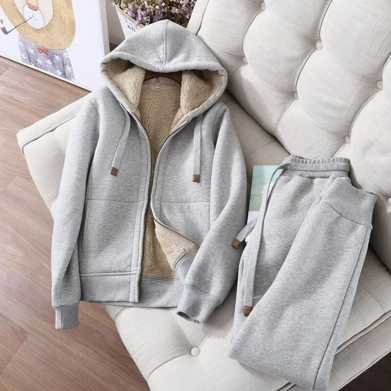 Winter Thicken Fleece Sweatshirts Hoodies Women Two-piece Suit Casual Sports Sets Female Short Coat Straight Pants 2-piece Sets