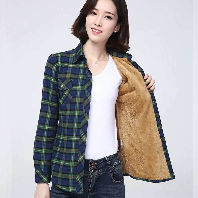 2023 Winter New Plus Thick Women's Warm Plaid Shirt Coat Lady Casual Fleece Velvet Jacket Tops Hot Women Clothes Outerwear