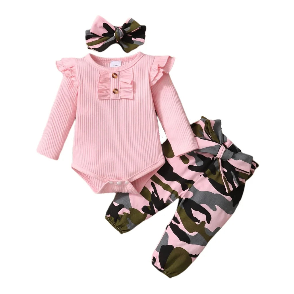 0-18 Months Newborn Baby Girl Clothes Set Infant Girl Long Sleeve Bodysuit + Camouflage Pants + Headband Cotton Clothing Suit