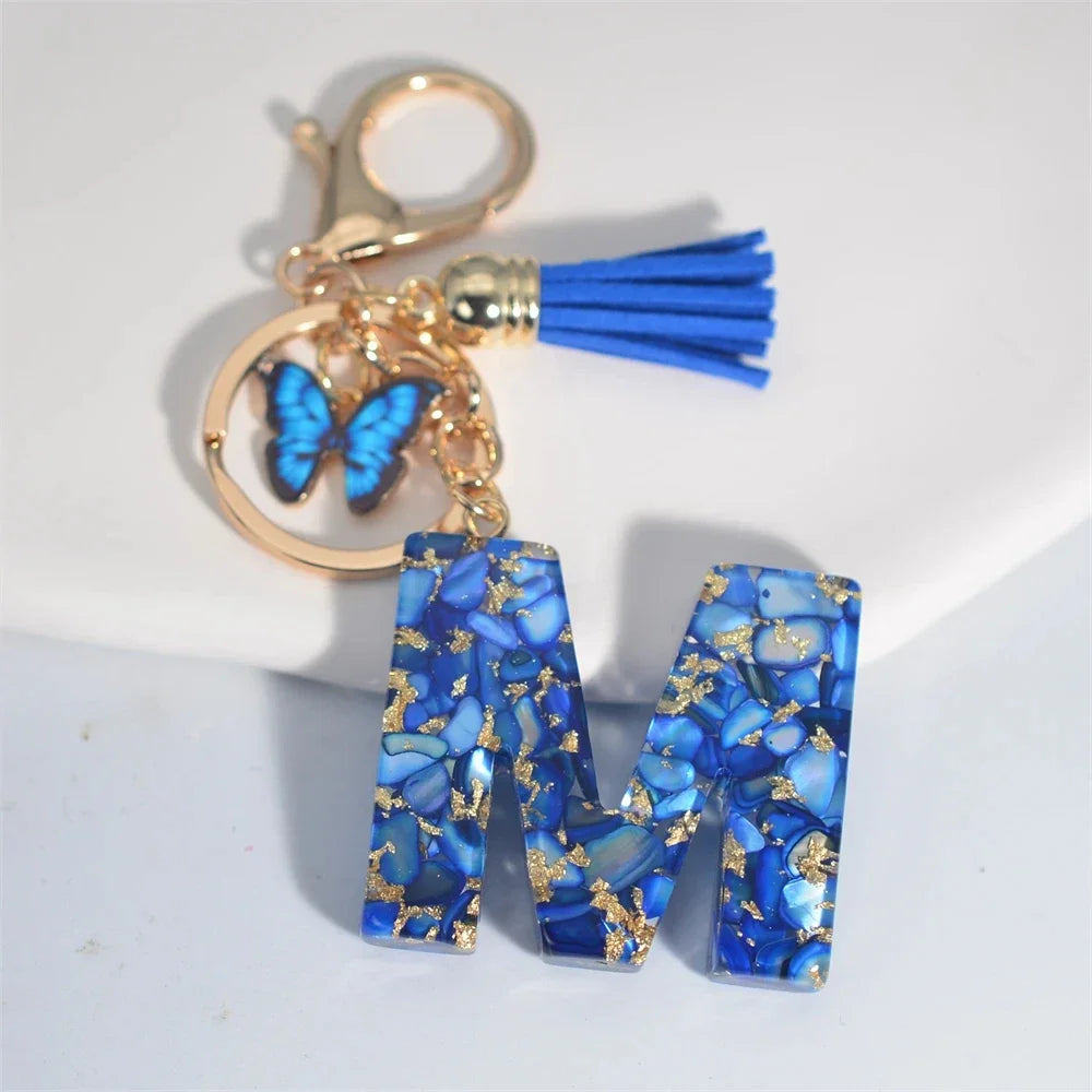 Fashion Blue Glazed Stone A To Z Letter Keychain 26 Initials Alphabet Butterfly Tassel Pendant Car Key Chain Women Jewelry GIfts