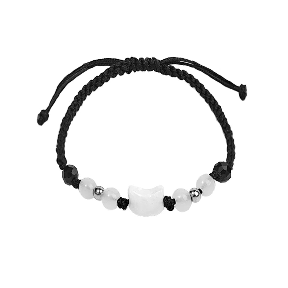 2pcs Natural Moonstone Obsidian Bracelets Couple Minimalist Bracelet Handmade Cute Black White Cat Bracelet Party Jewelry Gifts