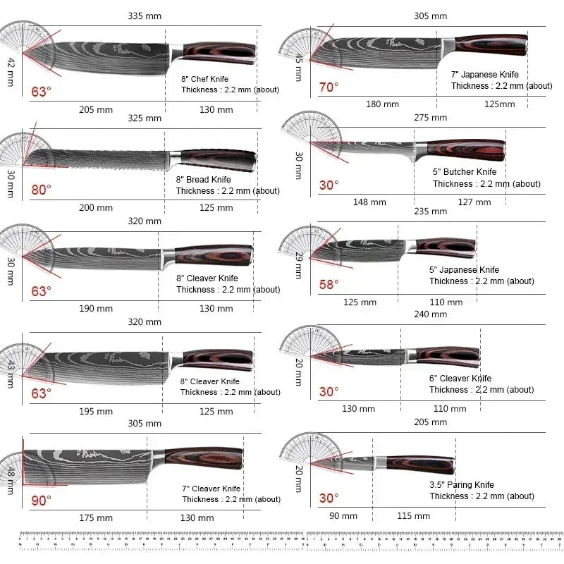 Professional Damascus Kitchen Knives - Japanese Santoku, Cleaver, Slicing