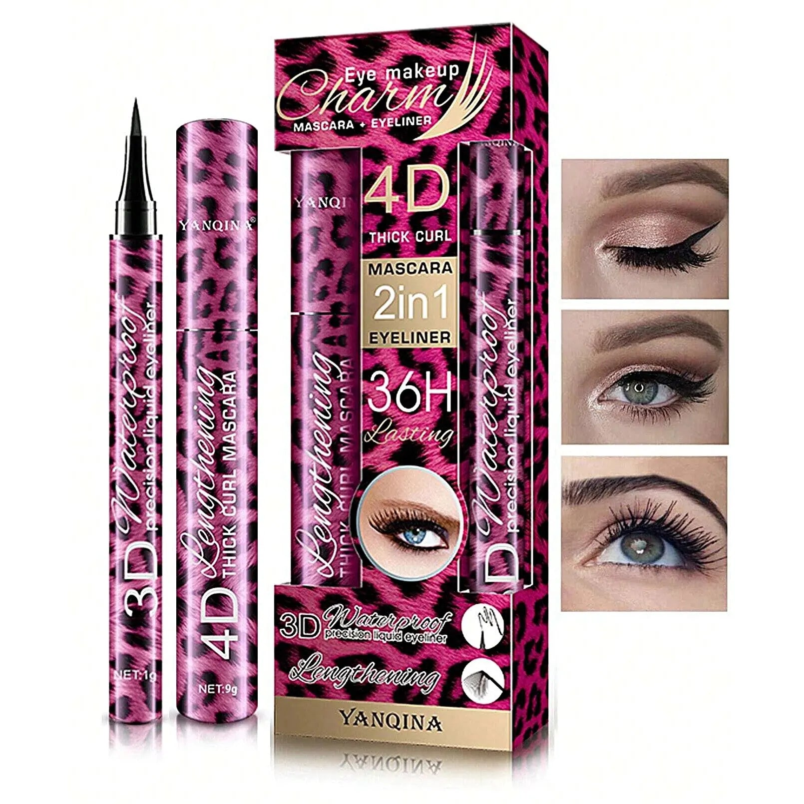 YANQINA 4D Waterproof Eyeliner & Mascara Set - Thick Curl, Eyebrow Pencil Makeup