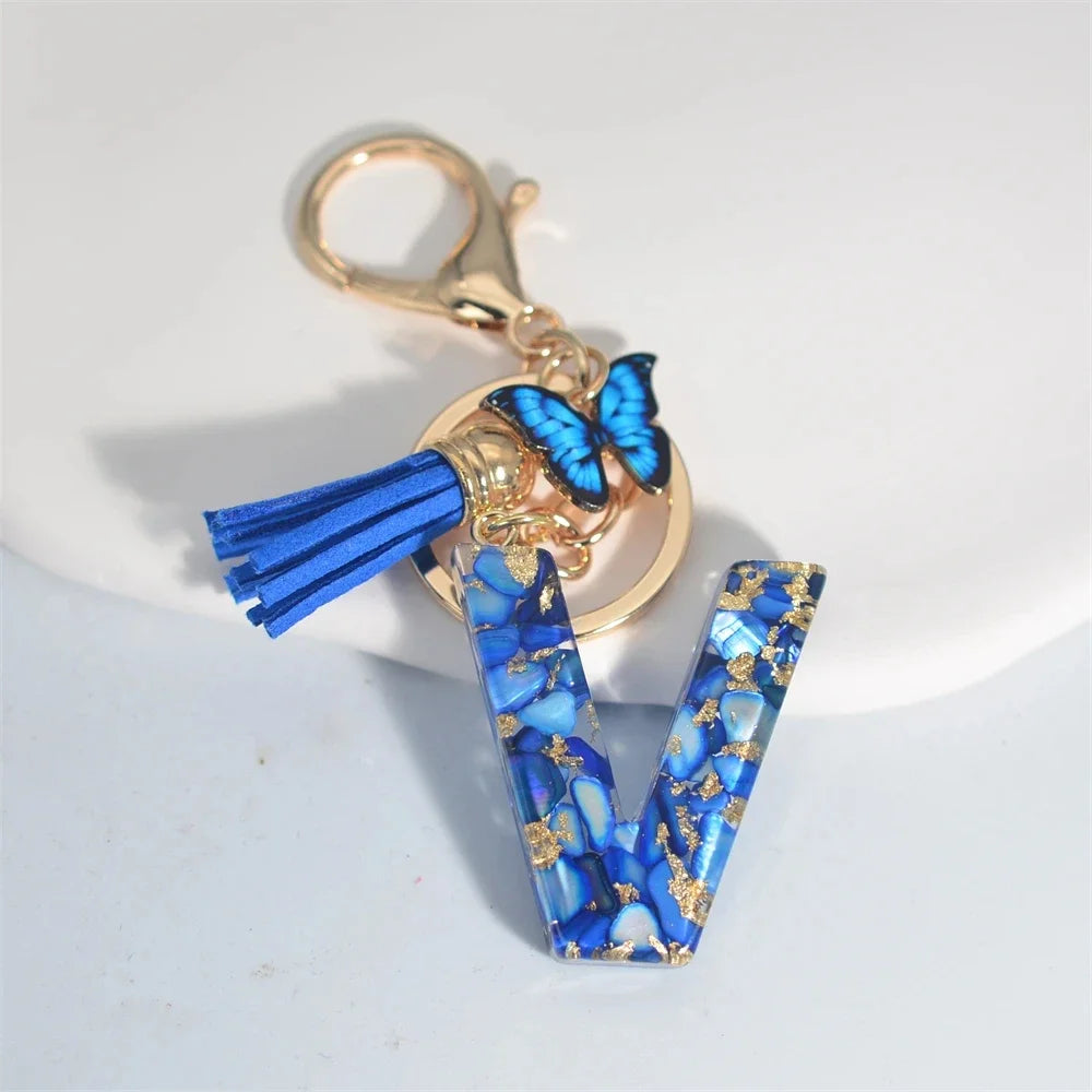 Fashion Blue Glazed Stone A To Z Letter Keychain 26 Initials Alphabet Butterfly Tassel Pendant Car Key Chain Women Jewelry GIfts