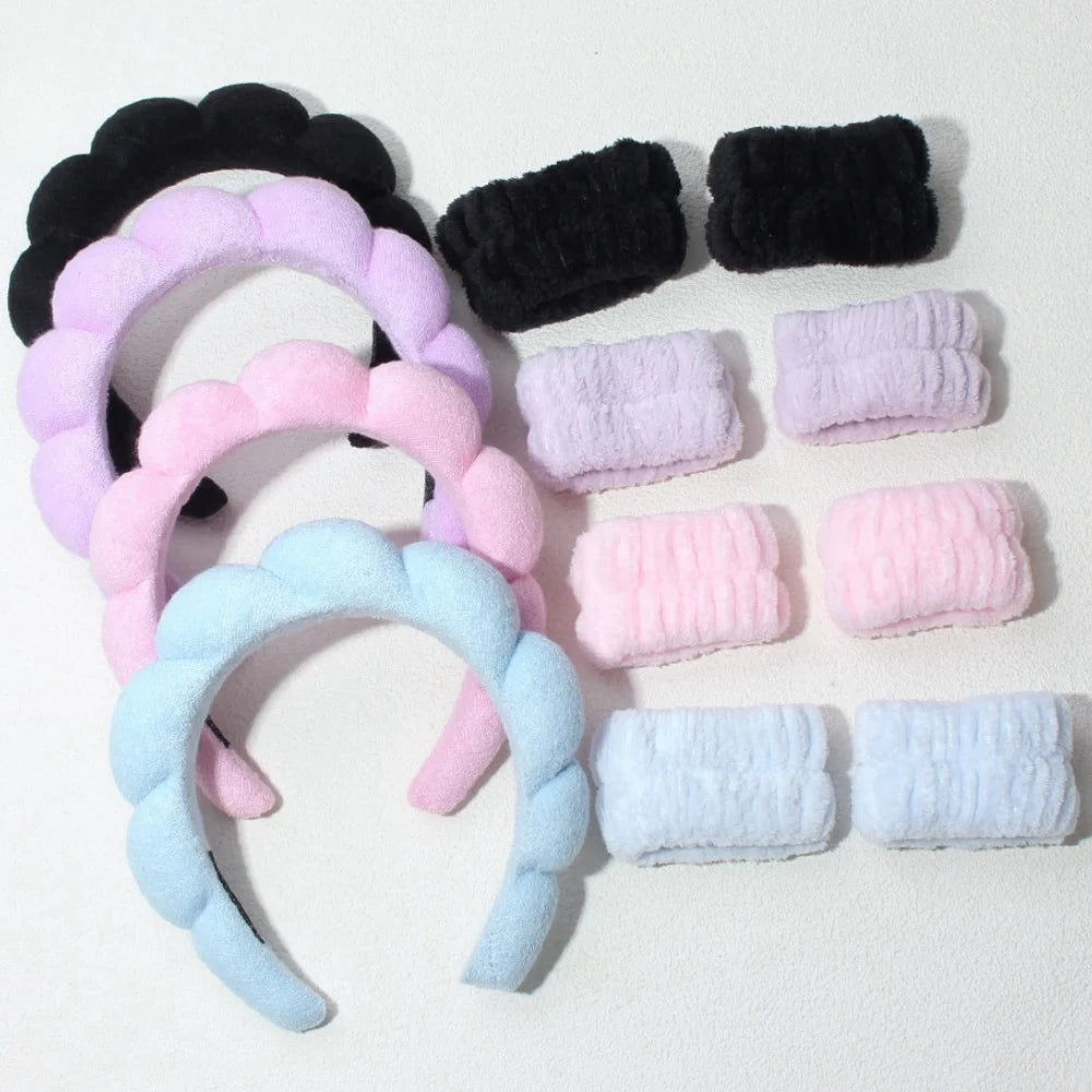 3PCS Stylish Washing Headband Set Wristbands Scrunchies Spa Bubble Headband