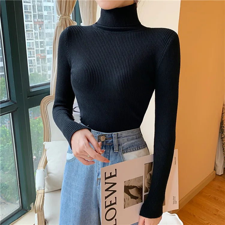 2024 Autumn Winter Women Long Sleeve Knitted Foldover Turtleneck Ribbed Pull Sweater Soft Warm Femme Jumper Pullover Clothes