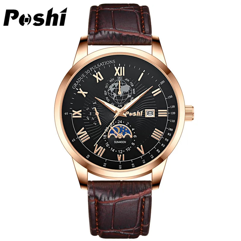 Swiss Brand POSHI Men Watch Fashion Top Luxury Sport Men's Wristwatch Waterproof Luminous Leather Date Quartz Watches Man clock