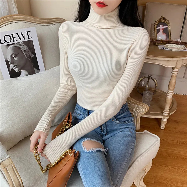 2024 Autumn Winter Women Long Sleeve Knitted Foldover Turtleneck Ribbed Pull Sweater Soft Warm Femme Jumper Pullover Clothes