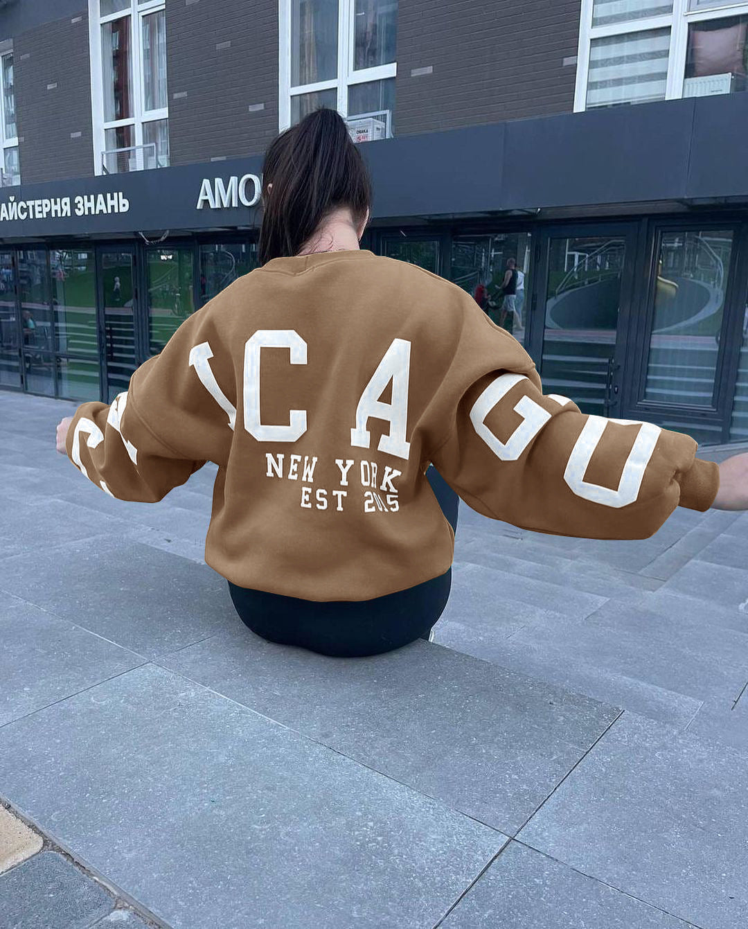 wsevypo Back Letters Print Oversized Sweatshirts Women Casual Thickened Warm Pullovers Long Sleeve Tops Autumn Winter Streetwear