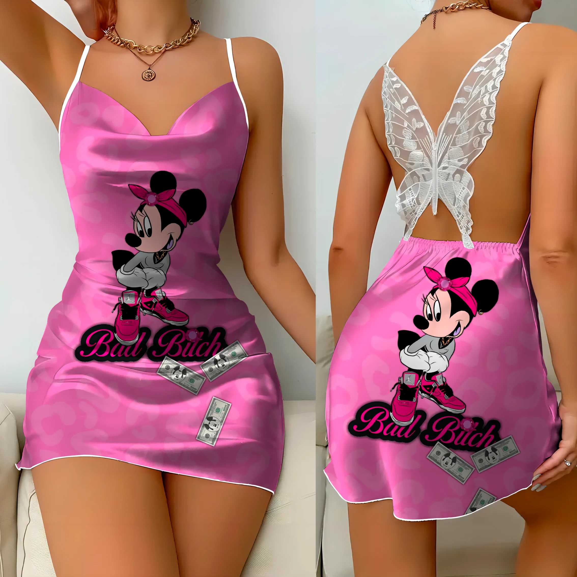 Mini Dress Pajama Skirt Bow Knot Party Dresses Satin Surface Minnie Mouse Disney Mickey Womens Fashion Summer 2024 Elegant Women