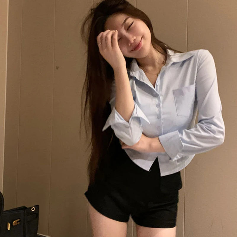 Gidyq Elegant Women Korean Shirts Fashion Streetwear Female Slim Blouse Spring Y2K Casual Office Ladies Sexy Cropped Tops New