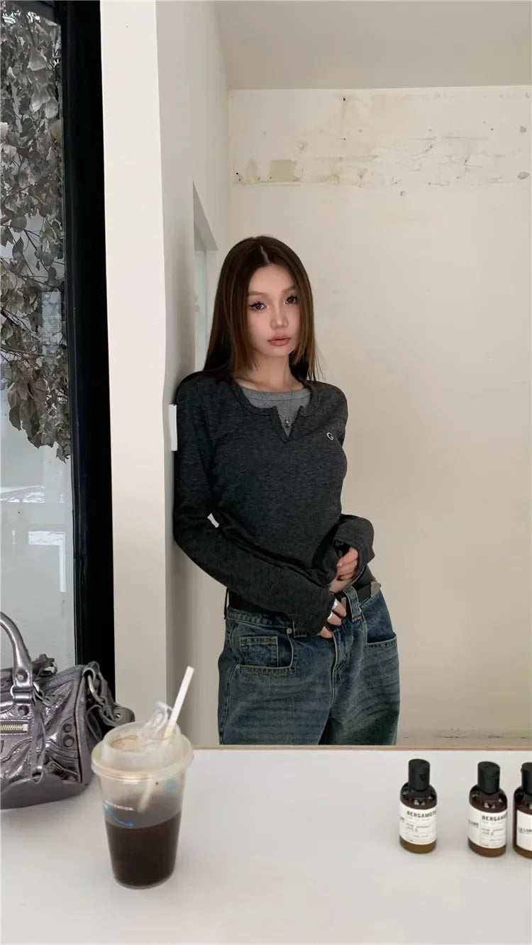 2024 Autumn Winter Long Sleeves Korean Fashion Style O-neck Tshirt For Women Fake two items T-shirts Ladies Top Tee Clothes